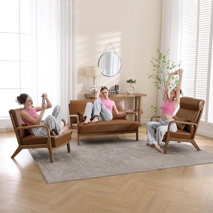 INZOY Mid-Century Modern Accent Chair Set of 2, PU Leather Reading Armchair - Image 10