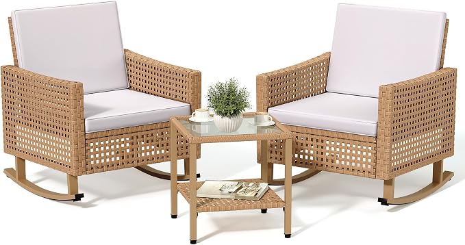 YITAHOME 3 Pieces Patio Wicker Rocking Chair Set, Outdoor Patio Furniture Set by YITAHOME