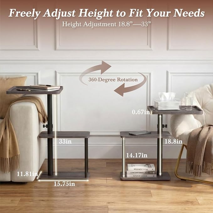 Faesun C Table End Table Adjustable Height, 360°Swivel TV Tray Table - Image 6