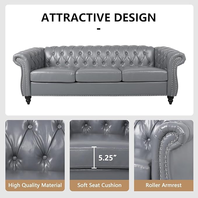Mid-Century 3 Seater Sofa, Faux Leather Couch - Image 5