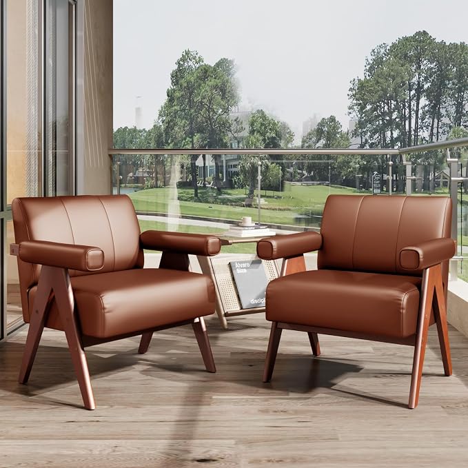STHOUYN Brown Leather Accent Chairs, Mid Century Modern Chair, Side Arm Chairs - Image 9