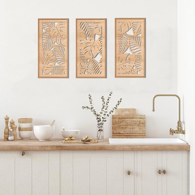 IARTTOP Tropical leaf Wood Wall Decor Framed Palm Monstera Leaves Wooden Wall - Image 3