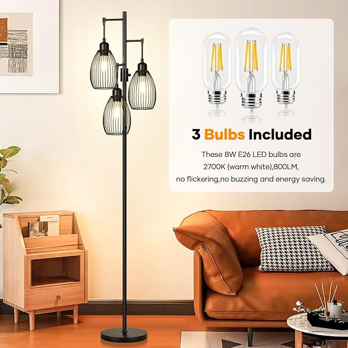 Dimmable Floor Lamp, 3 x 800LM LED Edison Bulbs Included, Farmhouse Industrial - Image 4