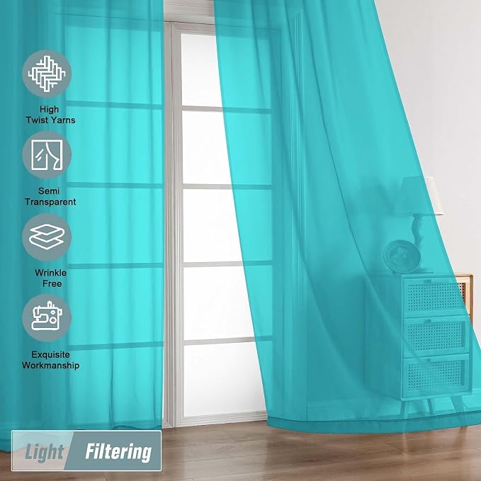 Turquoise Sheer Curtains 63 Inch Length 2 Panels, Voile Sheer Curtain - Image 5