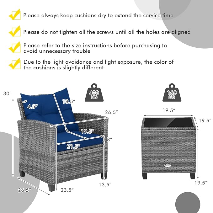 Tangkula 3 Pieces Patio Furniture Set, Outdoor PE Rattan Conversation Chair Set - Image 9