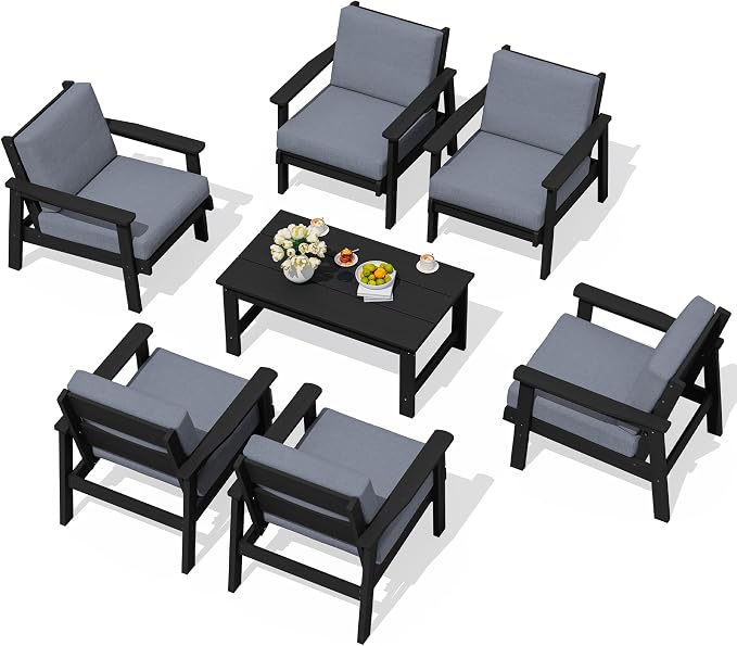 SERWALL HDPE Outdoor Furniture Set, 7 Piece All Weather Wood-Like Outdoor Sofa by SERWALL