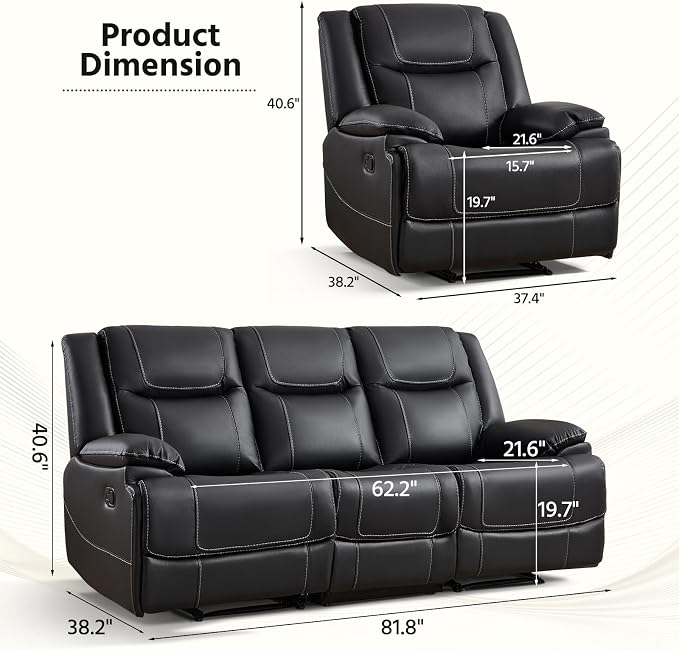 ANJ Premium Genuine Manual Reclining Sofa Set, Included Manul Recliner Chair - Image 2