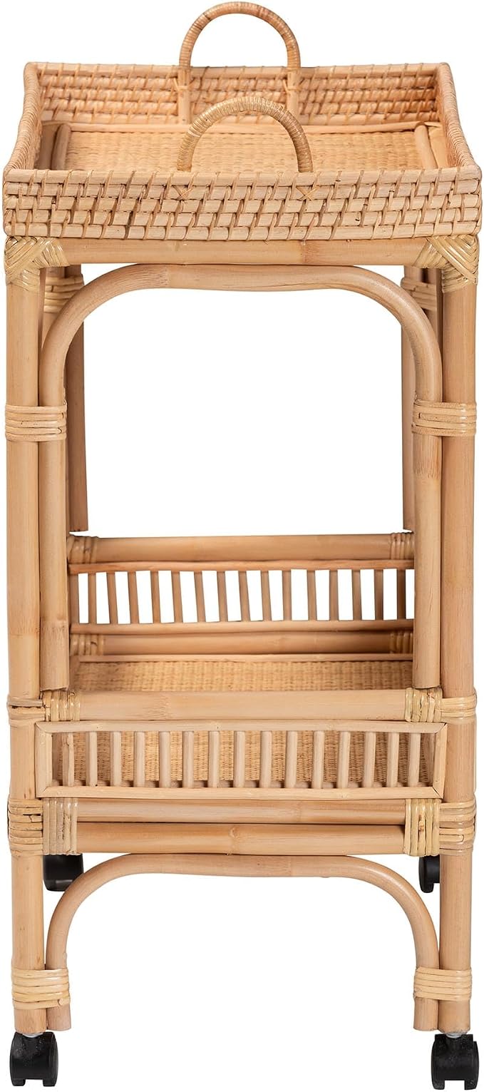 Bali & pari Lombok Modern Bohemian Natural Rattan 2-Tier Wine Cart - Image 3