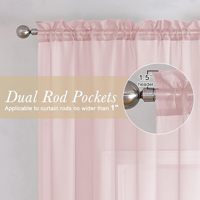 Lecloud Blush Pink Sheer Curtains 90 Inches Long 2 Panels, Modern Airy Voile - Image 2