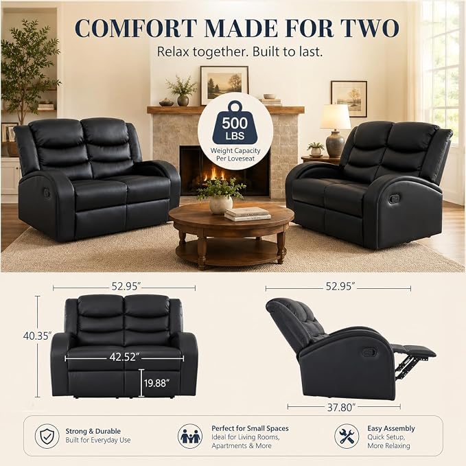 Recliner Sofa Set, 2 Piece Living Room Furniture Set, Leather Recliner Sofa - Image 2
