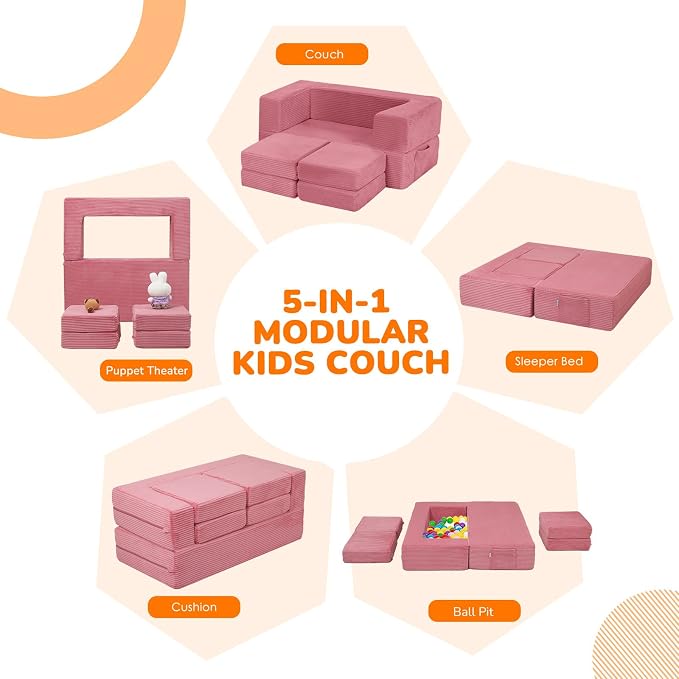 MeMoreCool Pink Corduroy Kids Play Couch, Modular Toddler Couch - Image 4