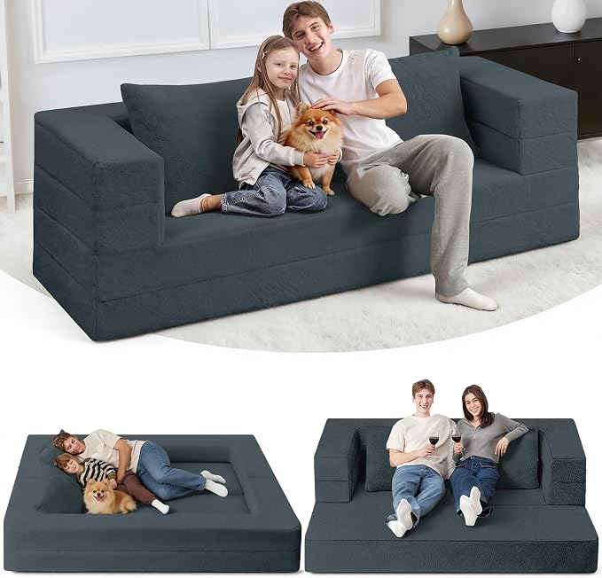 Folding Bean Bag Chair for Adults, 3-in-1 Bean Bag Couch Faux Fur Floor Sofa by Cansunna