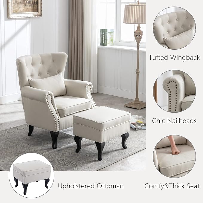 Mid Century Modern Accent Chair Upholstered Armchair Comfy Linen Fabric Tufted - Image 3