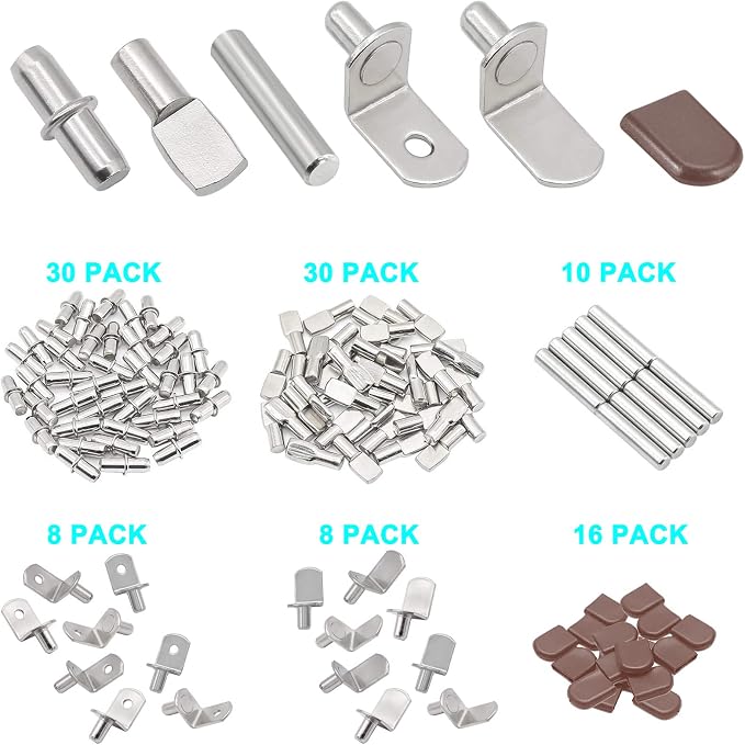 102Pcs Shelf Pins Pegs Kit, 6 Styles Nickel Plated Shelf Support Pegs, - Image 4