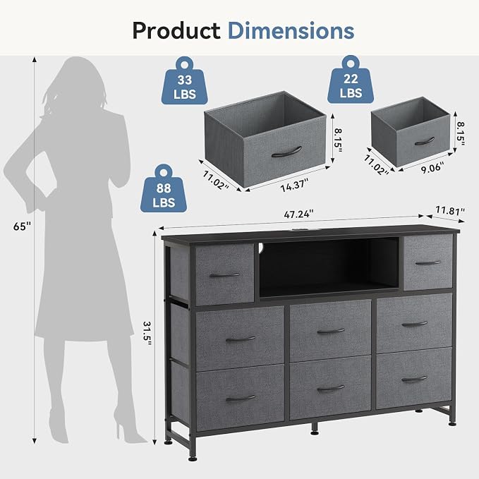DUMOS TV Stand Dresser with 8 Fabric Drawers and Open Shelves, LED - Image 3