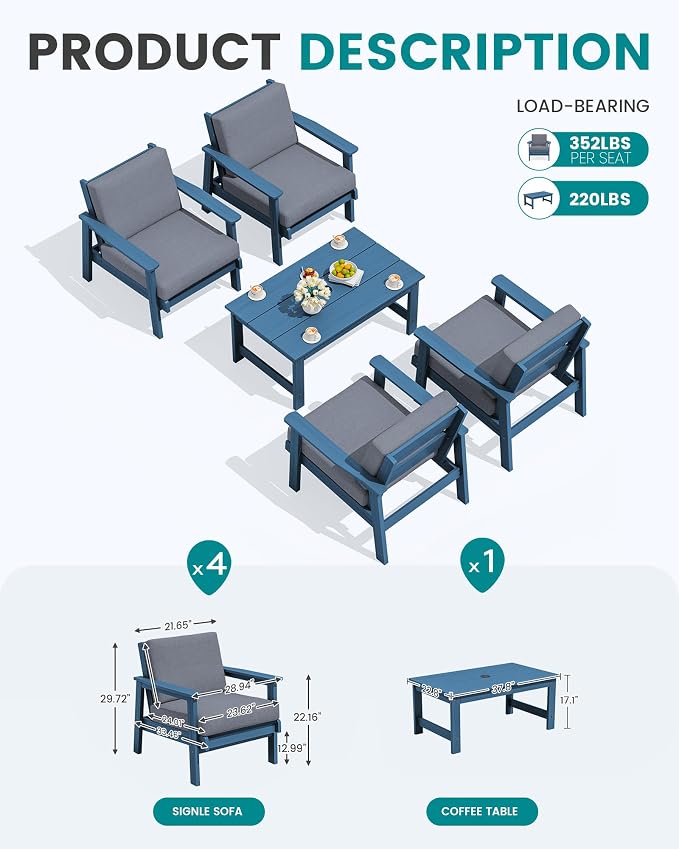 SERWALL Outdoor Patio Furniture Set, 5 Piece HDPE Patio Conversation Sets - Image 2