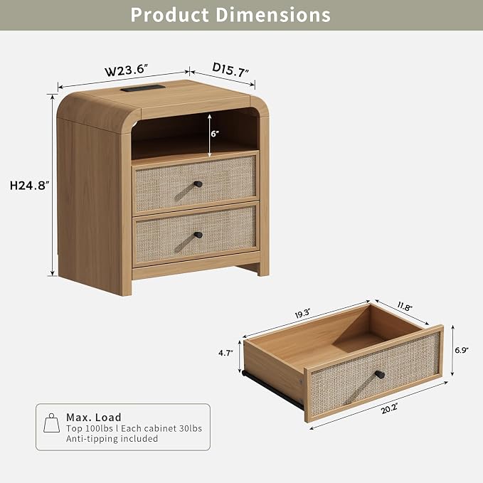 Oak&Sparrow Rattan Nightstand Set of 2, 23.6'' Rattan End Table - Image 2