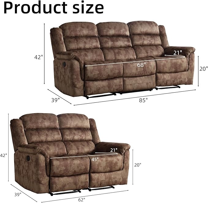 EBELLO 2 Pieces Reclining Couch Furniture Set, Overstuffed Reclining Loveseat - Image 2