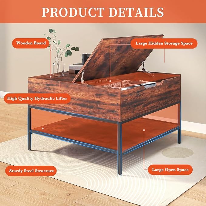 Coffee Table with Storage, Square Coffee Table with Display Shelf and Hidden - Image 3
