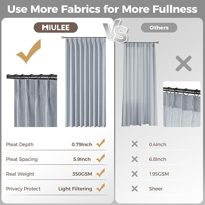 MIULEE Pinch Pleated Thick Linen Curtains 102 Inches Long 2 Panels - Image 6