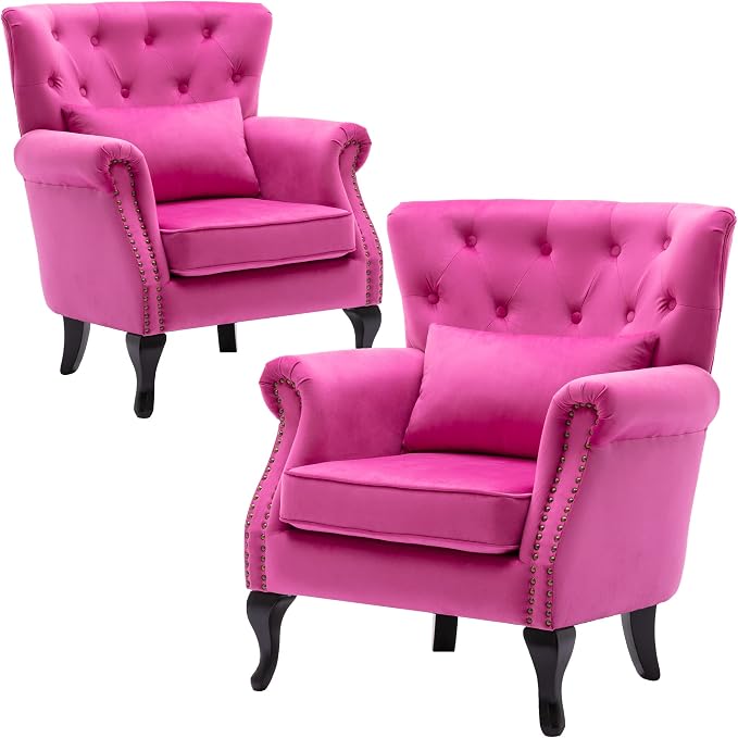 Set of 2 Mid-Century Modern Accent Chair, Velvet Armchair w/Tufted Back/Wood by DMFurniture