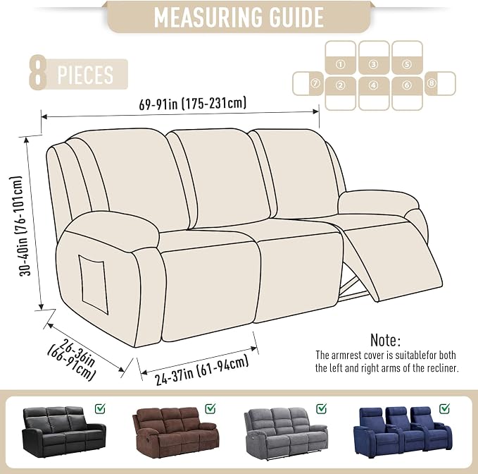 TAOCOCO Recliner Sofa Covers 8-Pieces Stretch Large Couch Covers - Image 6