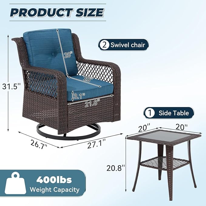 3 Pieces Patio Swivel Chairs, Wicker Patio Conversation Sets - Image 2