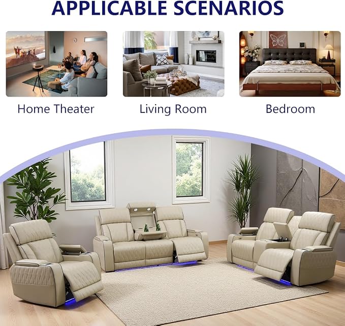 Power Recliner Sofa Set, Living Room Furniture Sets, Leather Reclining Sofa Set - Image 8