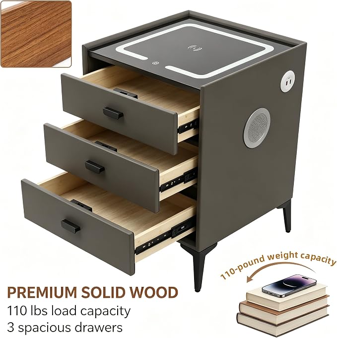 Smart Nightstand with 3 Drawers, Tri-Color Lights, Wireless Charging Port and - Image 8