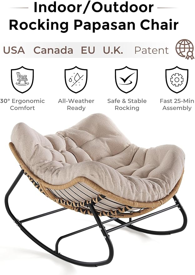 SWITTE Outdoor Papasan Rocking Chair, Oversized Patio Egg Chair - Image 3