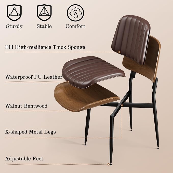 REONEY Dining Chairs Set of 4, Mid-Century Modern Upholstered PU Leather Chairs - Image 6