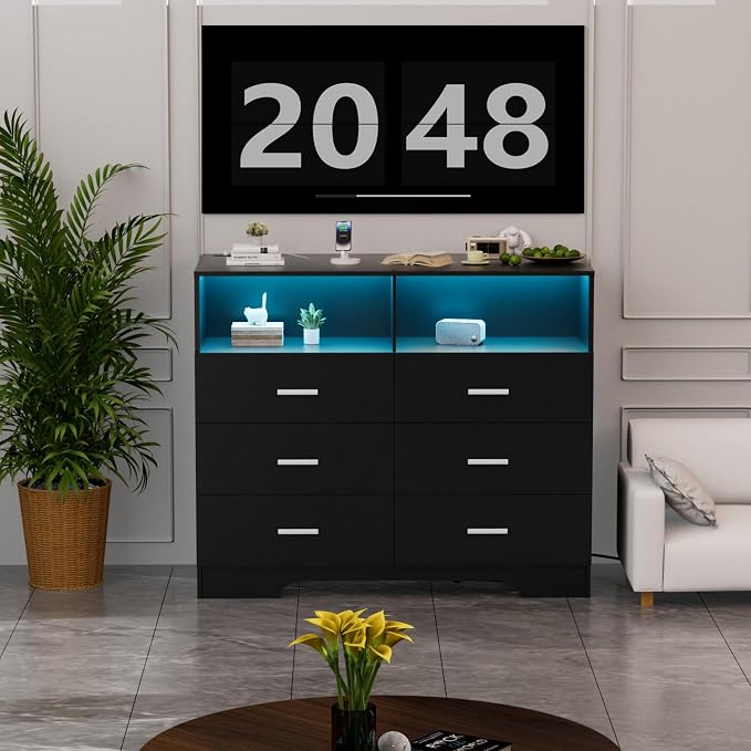 FJTJBSI Dresser with Power Outlets and LED Lights Wooden 6 Drawer Dresser with - Image 2