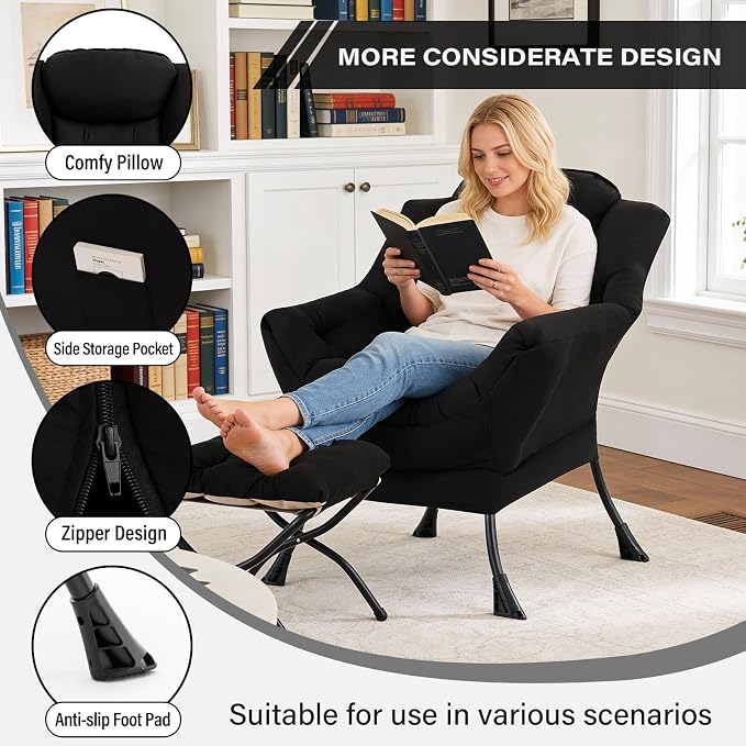 MBOOYOME Lazy Chair with Folding Ottoman, Modern Accent Lounge Armchair with - Image 4