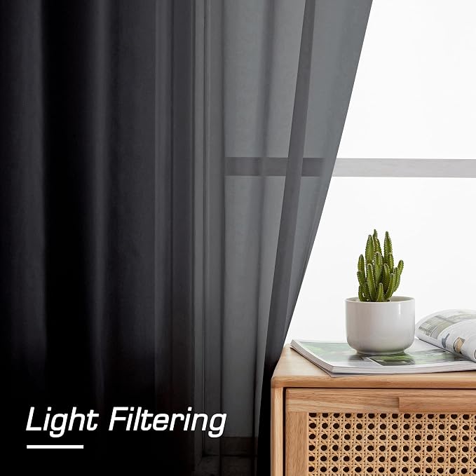 Aiyufeng Black Sheer Curtains 90 Inches Long, Light Filtering Rod Pocket Solid - Image 2
