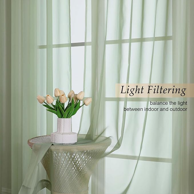 Sage Green Sheer Curtains 84 Inches Long 2 Panels Set - Image 2