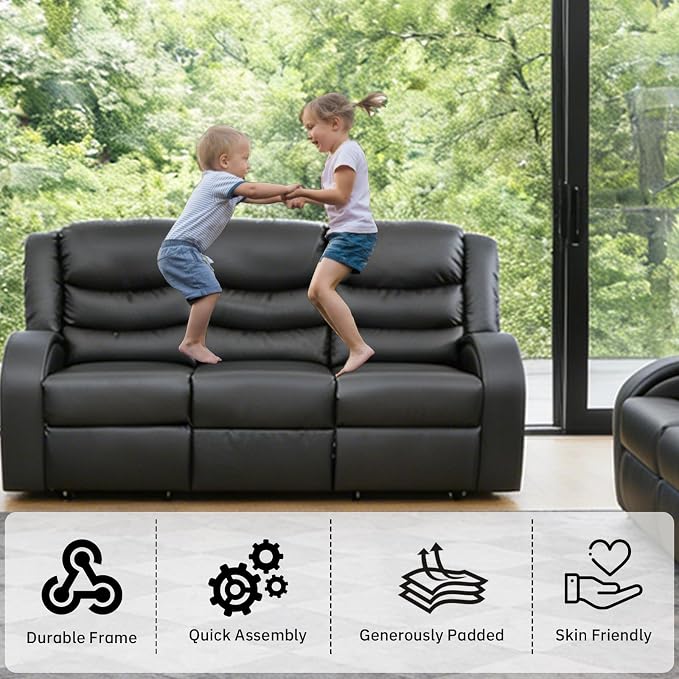 3-Piece Couch Living Room Furniture Sets, Sectional Recliner Sofa Set, Leather - Image 3