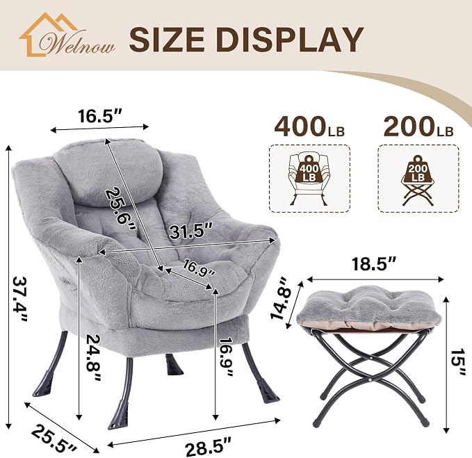 Welnow Lazy Chair with Ottoman, Modern Accent Chair with Armrests and a Side - Image 3