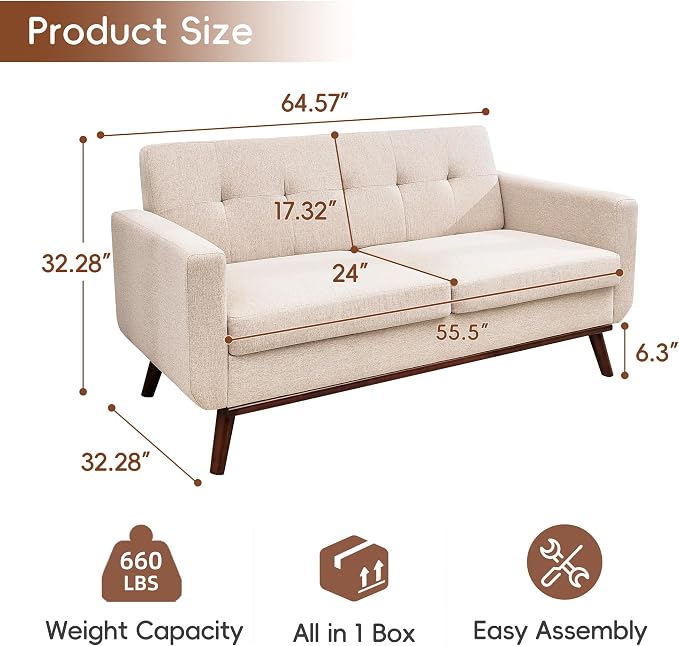 Kingfun 65" W Loveseat Sofa, Mid Century Modern Decor Love Seat Couches - Image 2