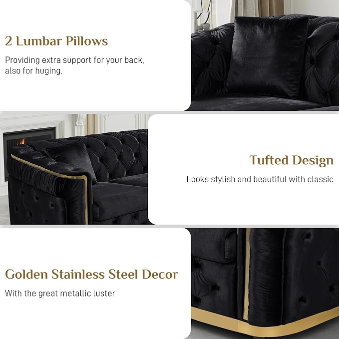 DAMAIFROM Velvet Couch Black and Gold Sofa Luxury Loveseat 84.6" Mid Century - Image 3