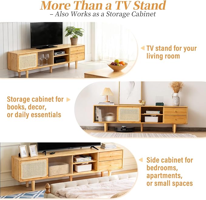 Tiita Rattan TV Stand for 55 60 Inch TV, Bamboo TV Cabinet - Image 9