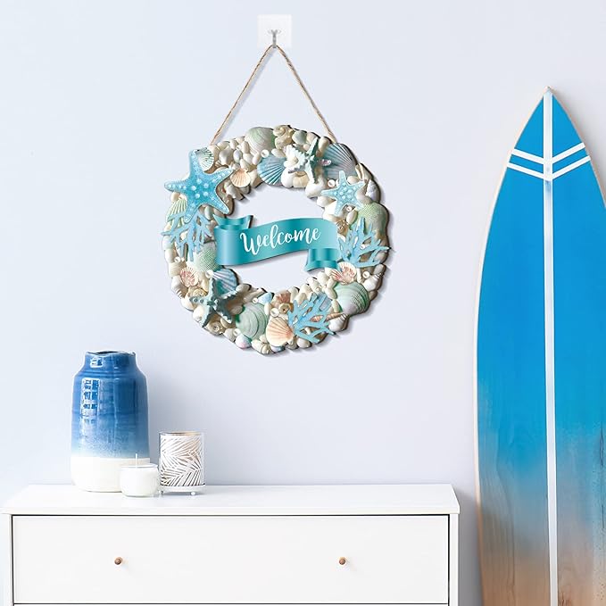 Wesiti Summer Coastal Shell Wreath 12 Inch Wooden Welcome Wreath - Image 2