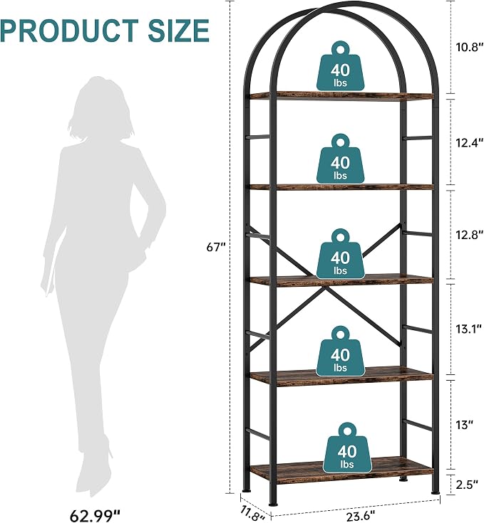 Shintenchi Bookshelf, Arched Bookshelf 5 Tier Bookcase, Tall Shelf - Image 2