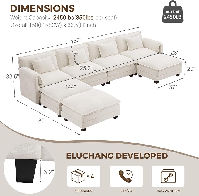 ELUCHANG 150'' Modular Sectional Cloud Couch, Modern Comfy Chenille U Shaped - Image 2