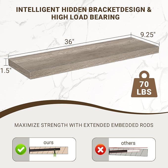 Acovy 36 Inch Floating Shelves, 3D Textured Wood Grain, Wooden Shelves - Image 3