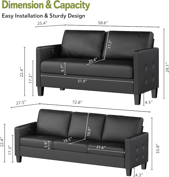 STHOUYN Black Faux Leather 3 Seater Sofa and Loveseat, Modern Comfy Office - Image 2