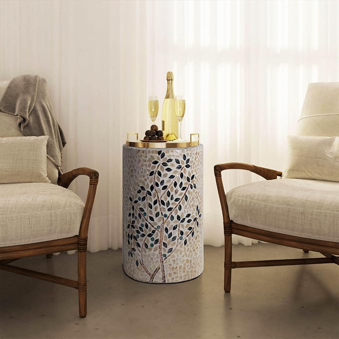 PEMAR Mother of Pearl Cylinder Drum End Table Nacre Side Stool Round Accent - Image 8
