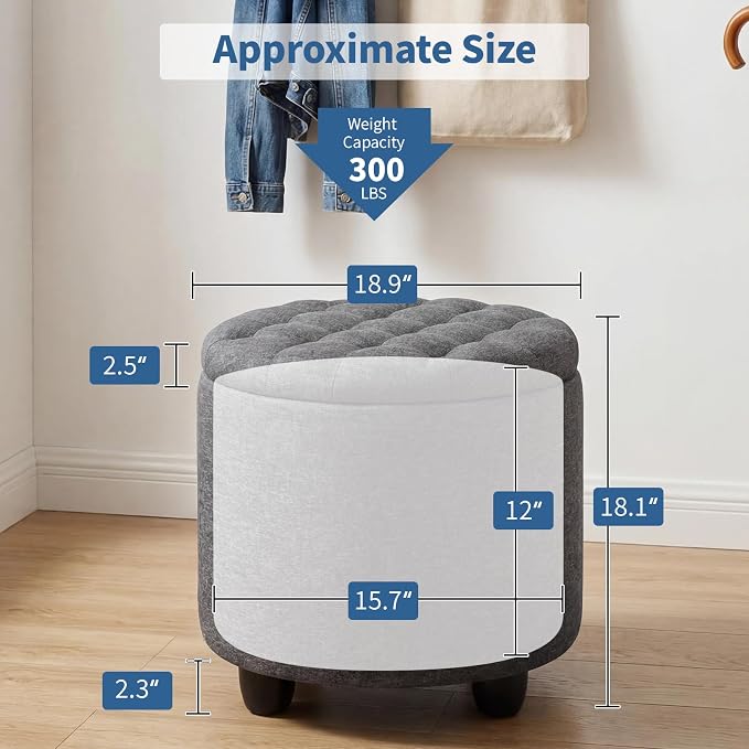 Furniliving 19 Inch Storage Round Ottoman, Footstools - Image 2
