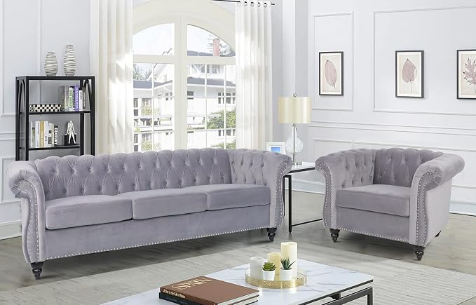 RARZOE Modern 2 Pieces Living Room Sofa Set, Contemporary Tufted Button Velvet by RARZOE