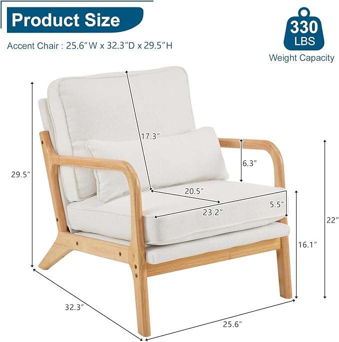 Bonnlo Coarse Linen Beige Mid Century Modern Accent Chair, Soild Wood Padding - Image 2