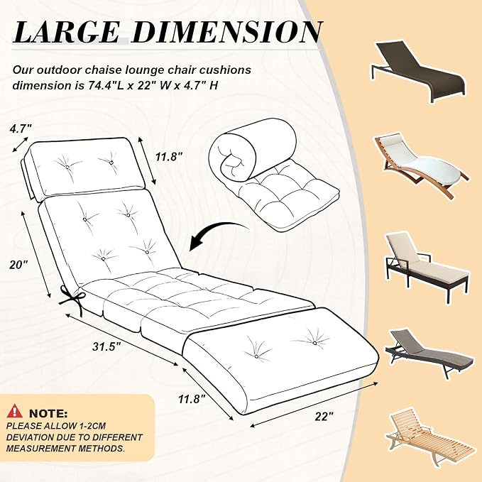 Outdoor Chaise Lounge Chair Cushion 74.2 x 22 x 4.7 Inches Thickened 100% - Image 2